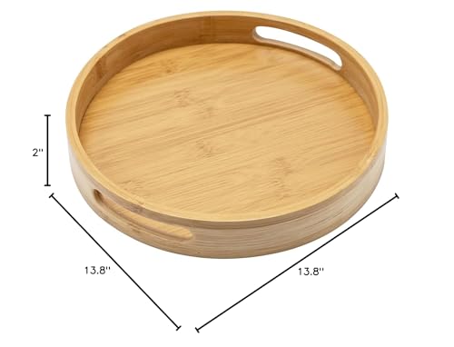 13.8 inch Bamboo Round Serving Tray, Wood Tray with Handles, Natural Wooden Tray for Ottoman, Kitchen/Coffee Table