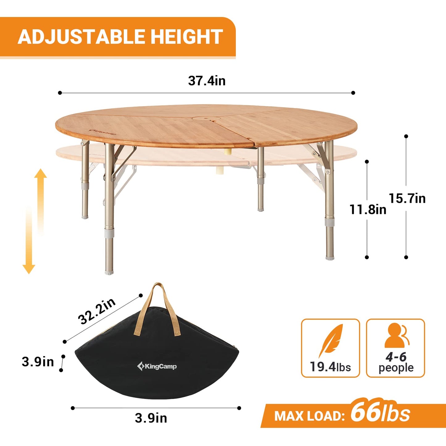 KingCamp Bamboo Round Folding Table Camping Table for Teepee Bell Tent 3 Fold Portable Camp Table