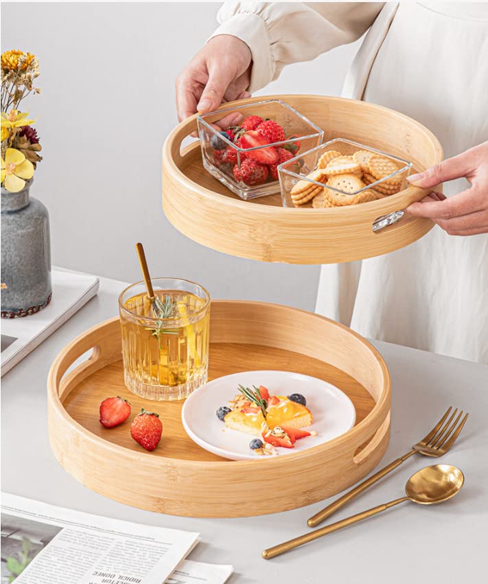 13.8 inch Bamboo Round Serving Tray, Wood Tray with Handles, Natural Wooden Tray for Ottoman, Kitchen/Coffee Table