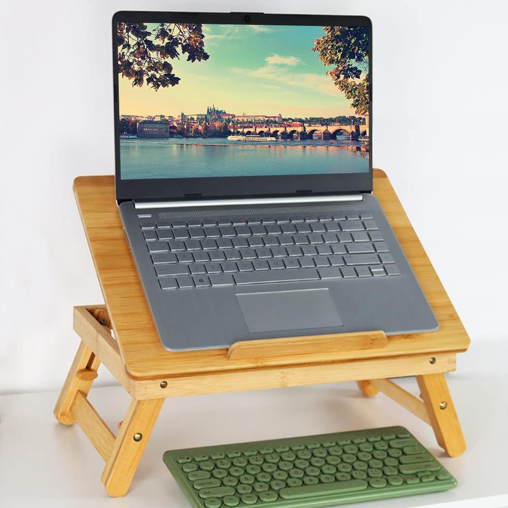 Bamboo Laptop Desk with Folding Legs Tilting Surface Workstation Table Adjustable Laptop Stand Bed Tray for tv Sofa Study Computer Ipad Book (Natural)