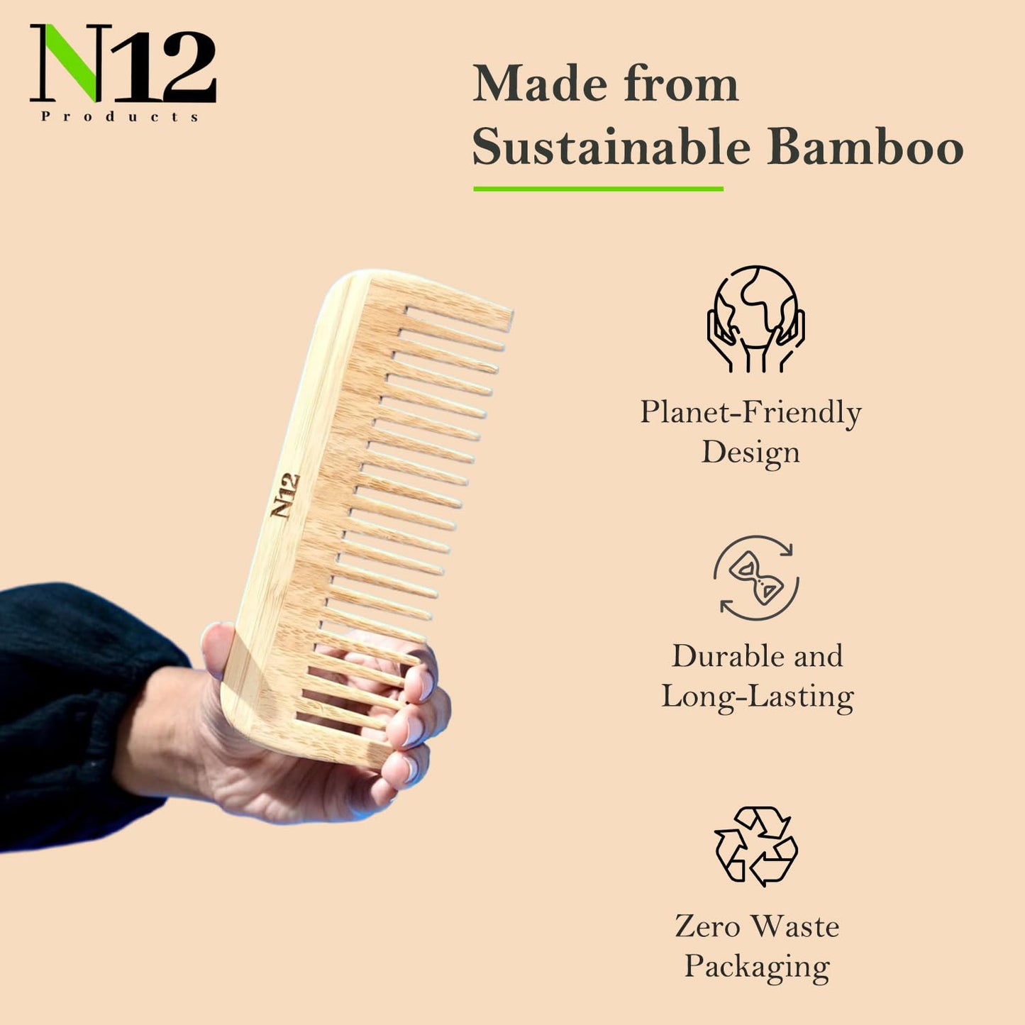 N12 products set of 2 bamboo comb handmade Eco-friendly Bamboo wood Wide tooth comb anti-static anti-frizz hair