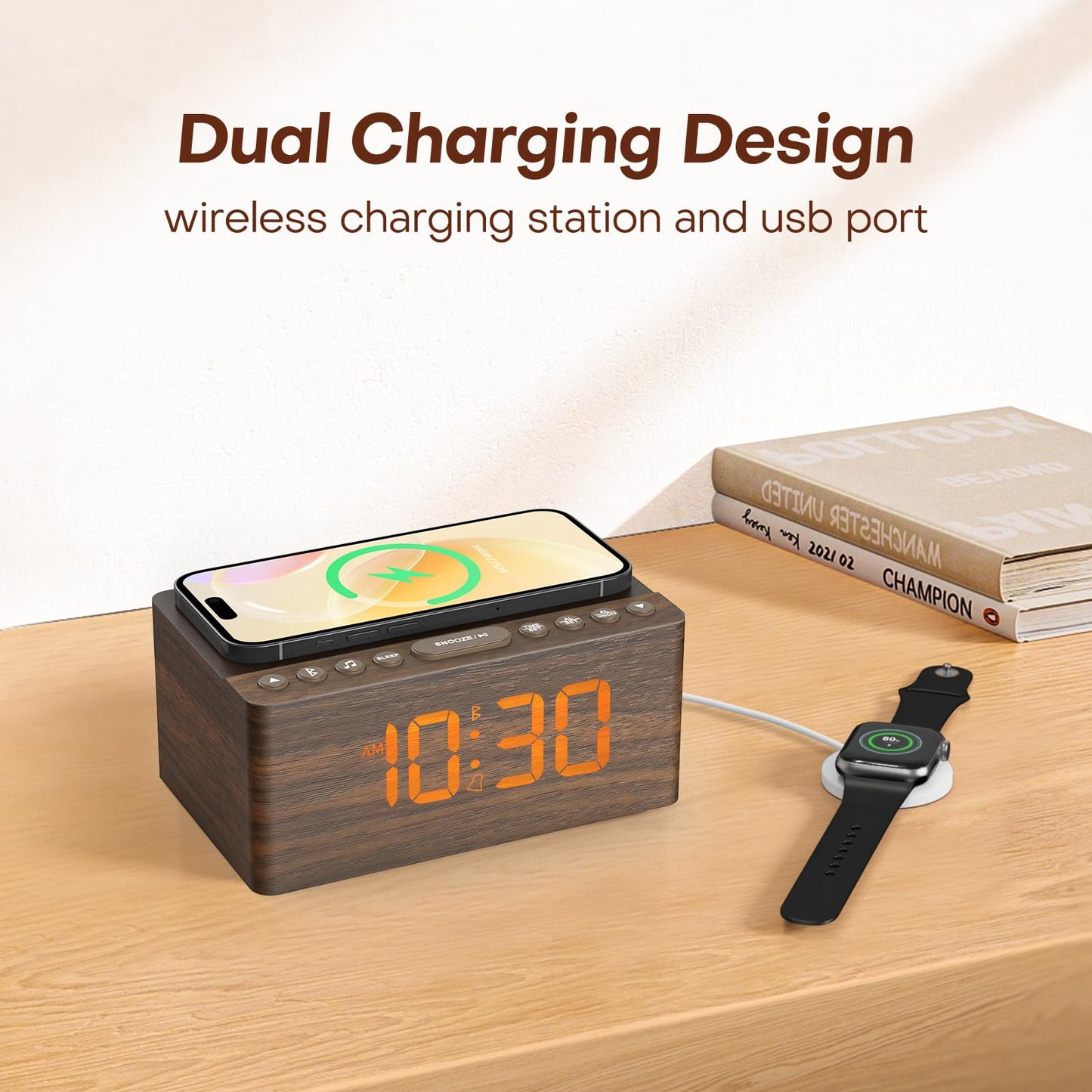 ANJANK Wooden White Noise Sound Machine with Alarm Clock, Bluetooth Speaker, Wireless Charger Station for iPhone/Samsung