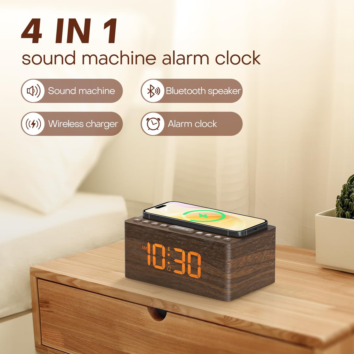 ANJANK Wooden White Noise Sound Machine with Alarm Clock, Bluetooth Speaker, Wireless Charger Station for iPhone/Samsung