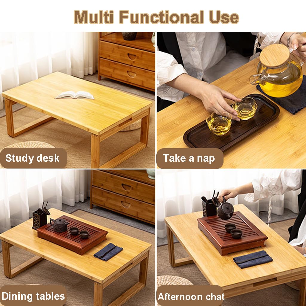 Portable Rectangle Foldable Coffee Table Japanese Tea Table, Bamboo Low Table for Sitting on The Floor, Dining Table, Tatami Table for Living Room Bedroom Meditation (Size:27.6*19.7*12.2in)