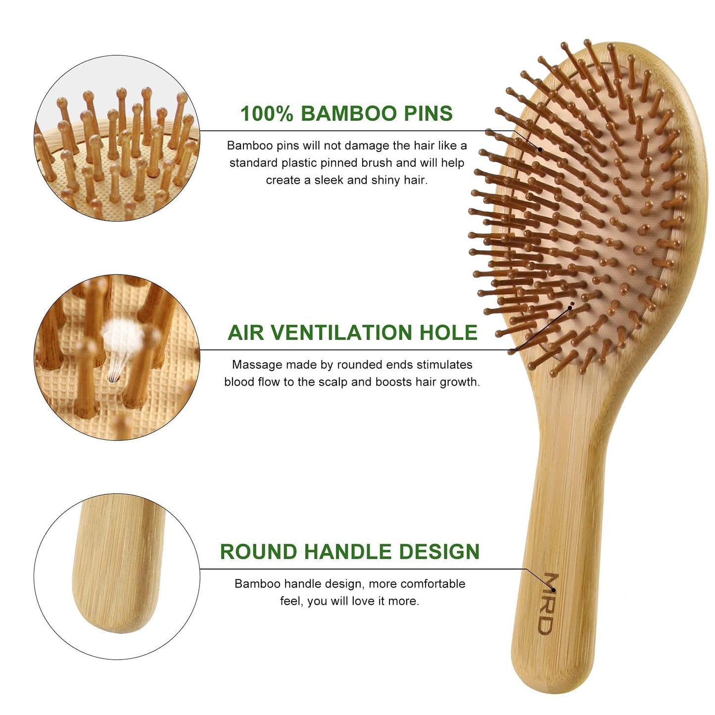 MRD Hair Brush Set, Natural Bamboo Comb Paddle Detangling Hairbrush, Wide-tooth and tail comb No Bristle