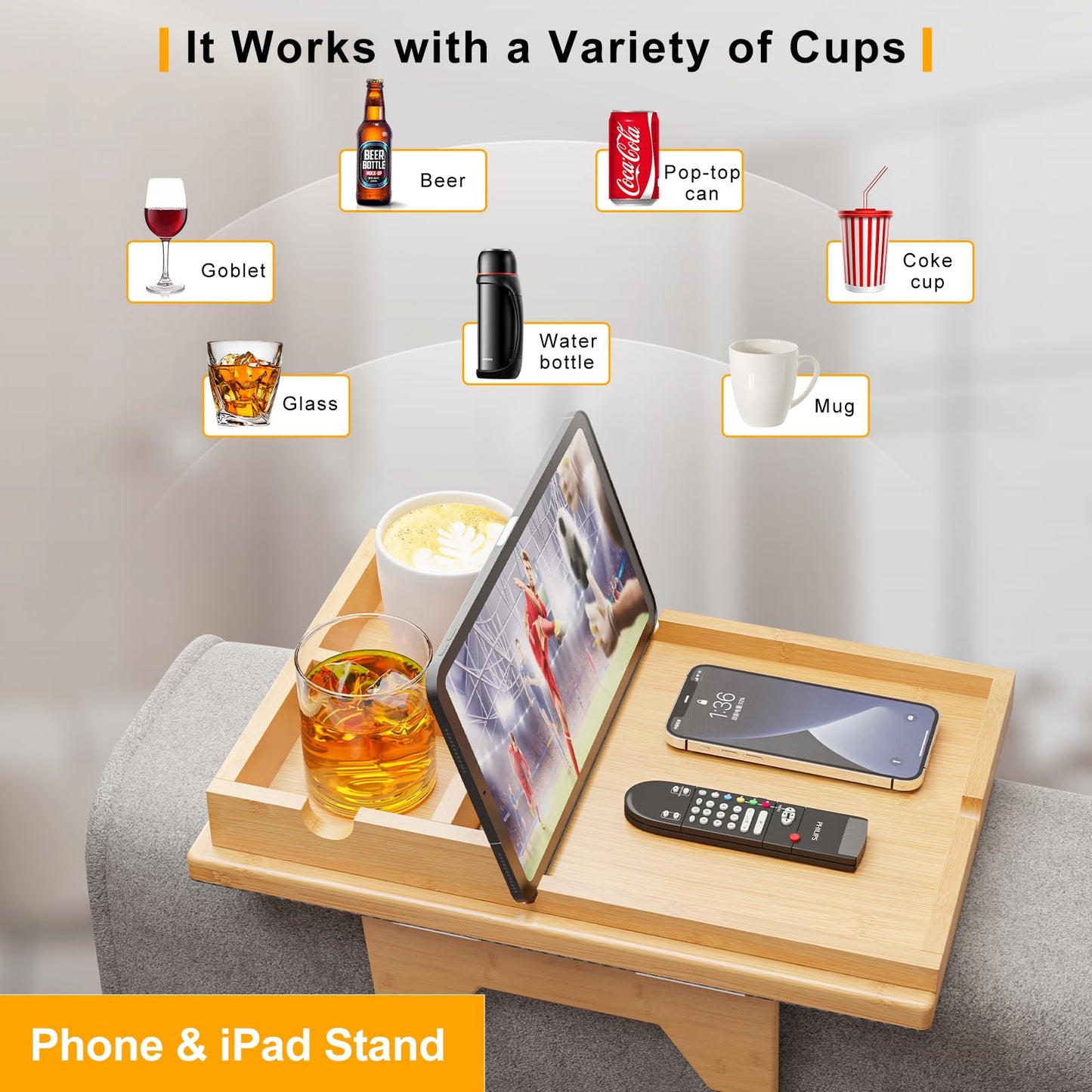 Bamboo Couch Cup Holder - Sofa Clip on Side Table for Wide Couches Arm - 2 in 1 Couch Arm Table with Slide-Away Detachable Cup Holder Tray - Couch Arm Tray for Drinking Snacks iPad TV Remote