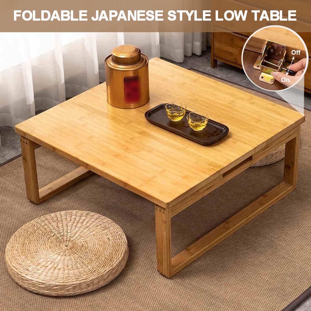 Portable Rectangle Foldable Coffee Table Japanese Tea Table, Bamboo Low Table for Sitting on The Floor, Dining Table, Tatami Table for Living Room Bedroom Meditation (Size:27.6*19.7*12.2in)