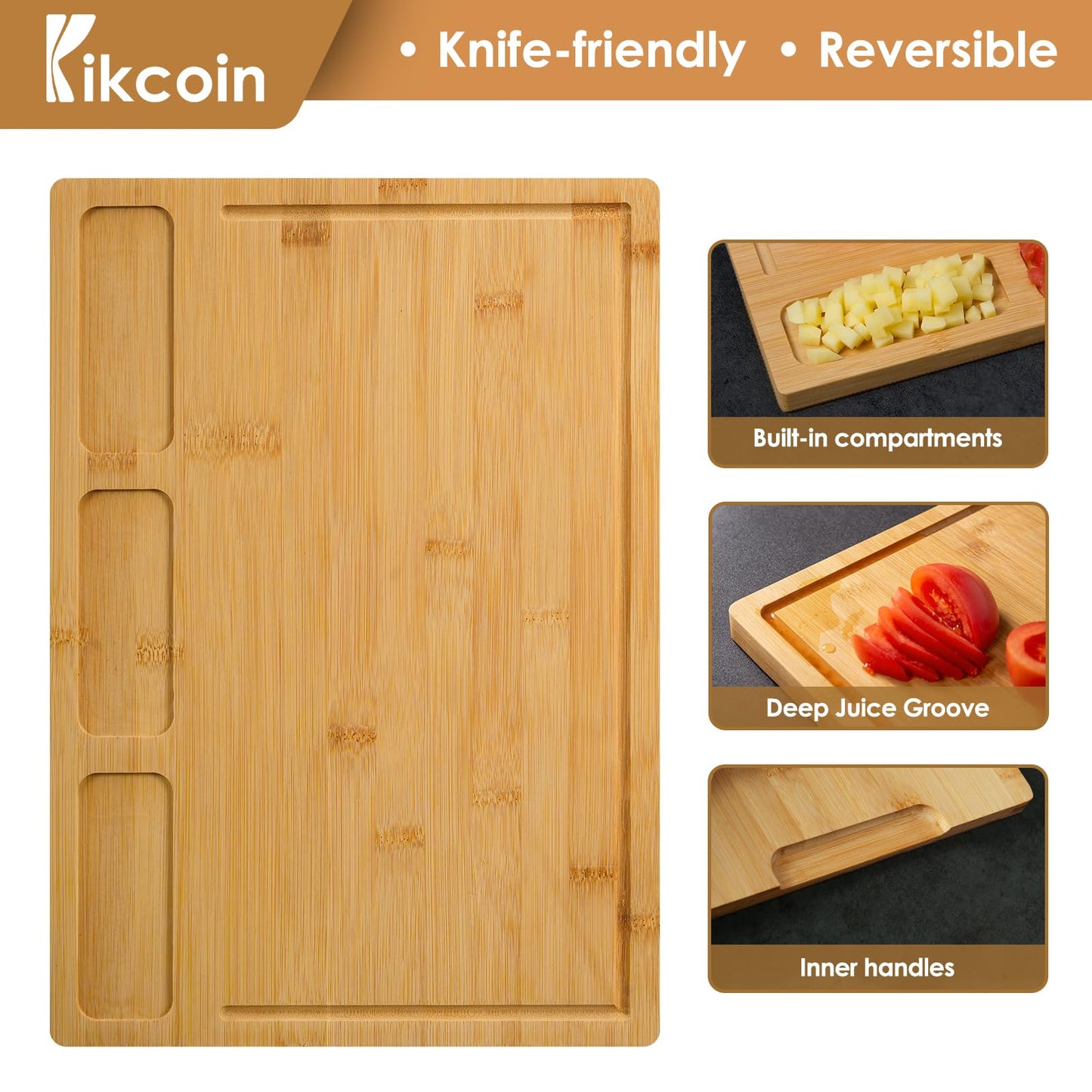 Bamboo Cutting Boards for Kitchen, (Set of 3) Kitchen Chopping Board with 3 Built-In Compartments