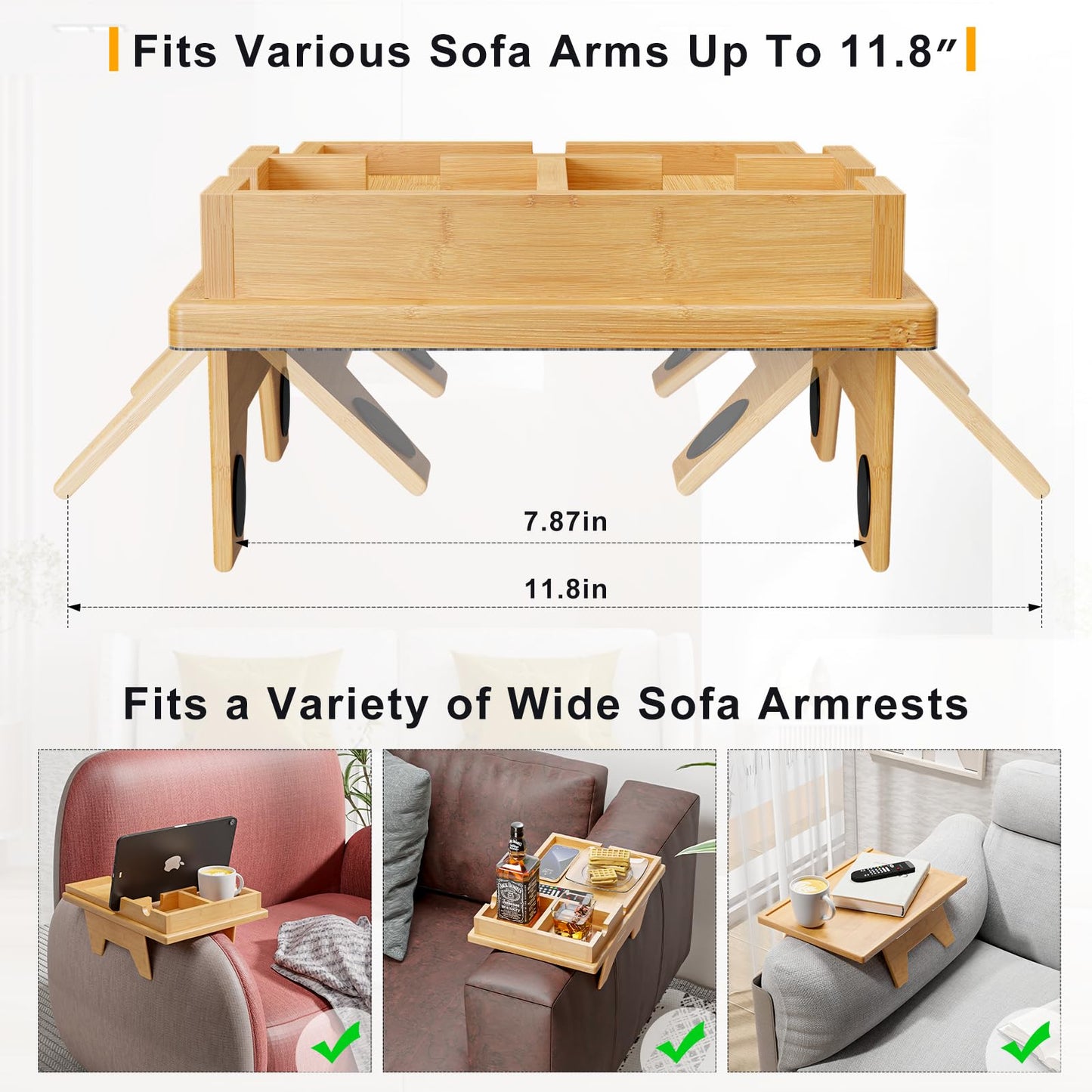 Bamboo Couch Cup Holder - Sofa Clip on Side Table for Wide Couches Arm - 2 in 1 Couch Arm Table with Slide-Away Detachable Cup Holder Tray - Couch Arm Tray for Drinking Snacks iPad TV Remote