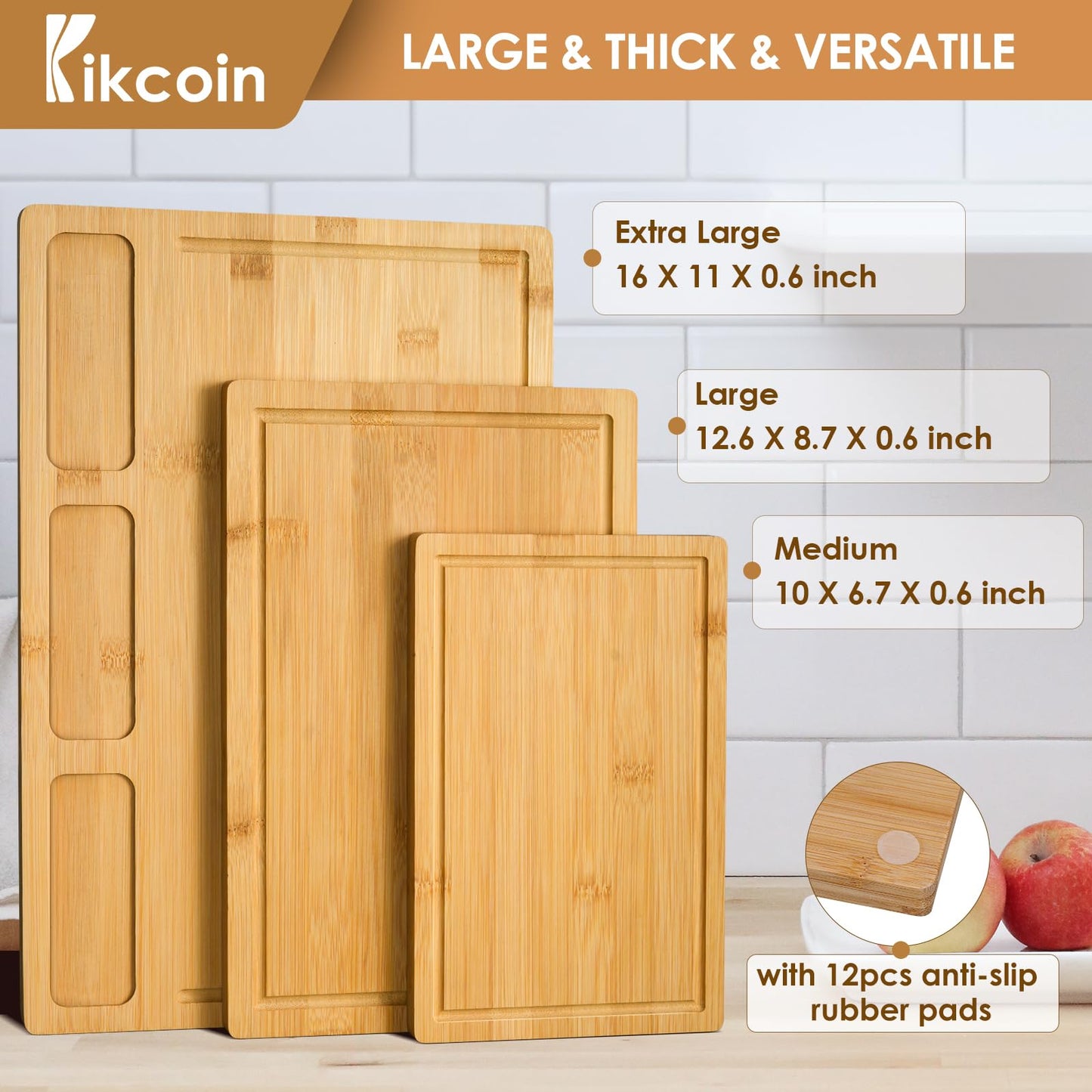 Bamboo Cutting Boards for Kitchen, (Set of 3) Kitchen Chopping Board with 3 Built-In Compartments