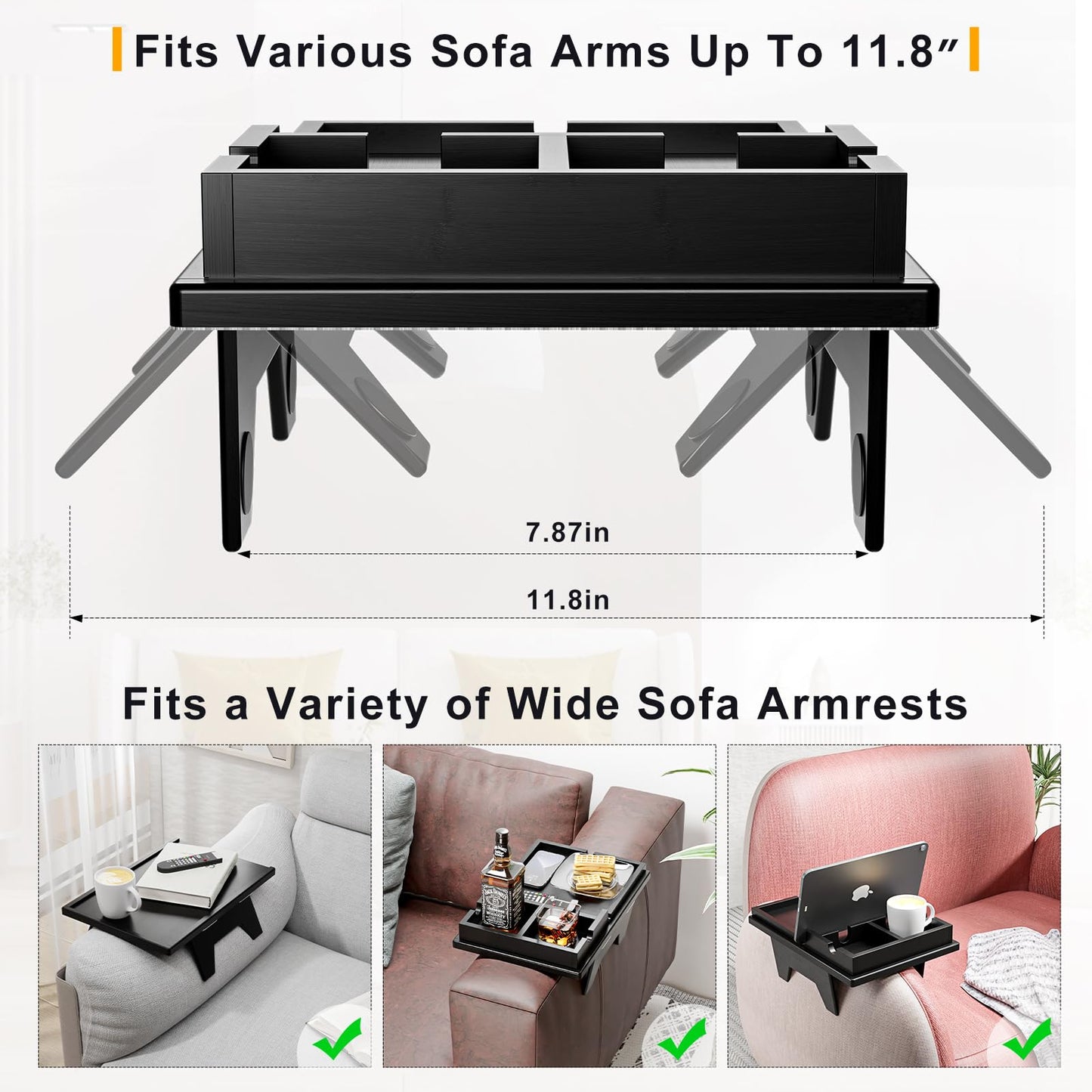 Bamboo Couch Cup Holder - Sofa Clip on Side Table for Wide Couches Arm - 2 in 1 Couch Arm Table with Slide-Away Detachable Cup Holder Tray - Couch Arm Tray for Drinking Snacks iPad TV Remote