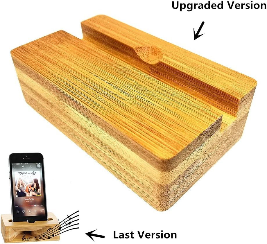 Upgrated Cell Phone Stand Amplifier, Fanshu Desktop Mobile Phone Holder, Universal Portable Wood Cellphone Dock on Desk Bamboo Bed