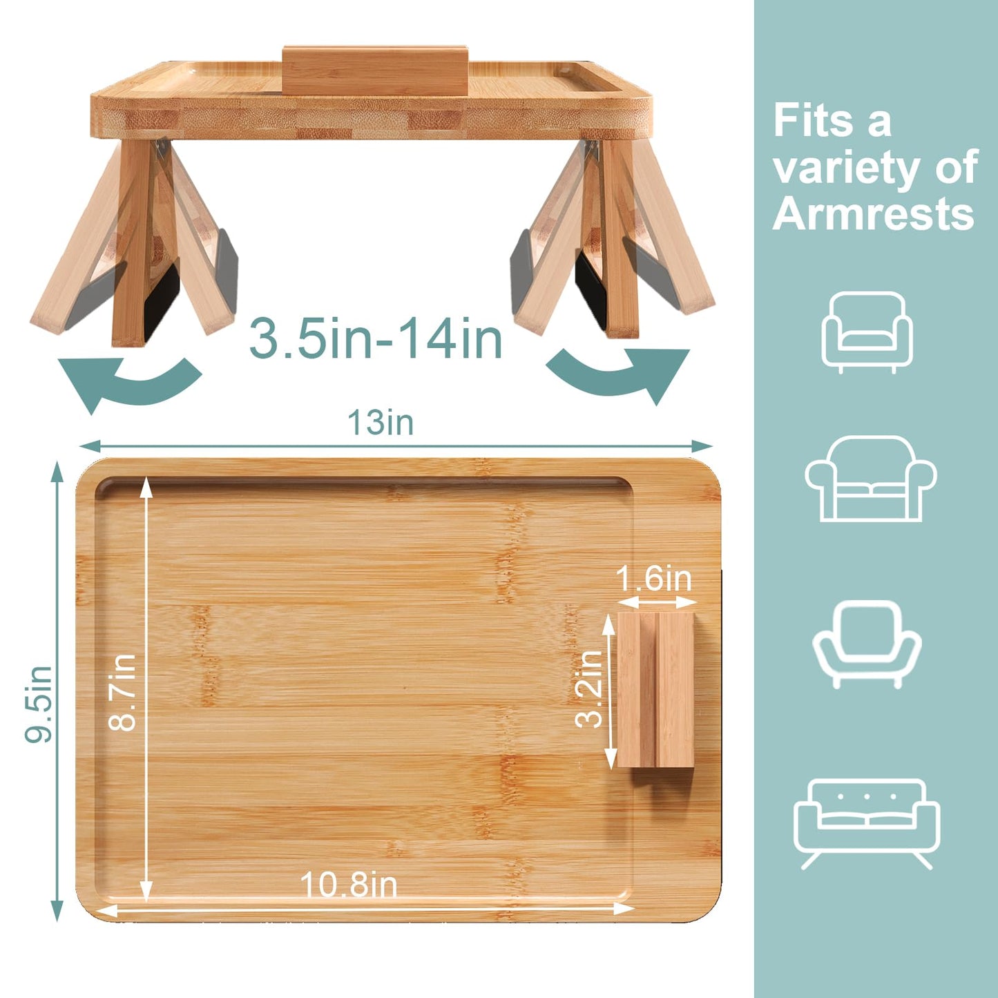 Couch Arm Tray,Bamboo Couch Tray,Folding Sofa Tray,Anti-Slip Sofa Armrest Tray,Couch Arm Table-Clip-On Couch Desk for Drinks, Snacks,Phone,Remote Control（Natural）