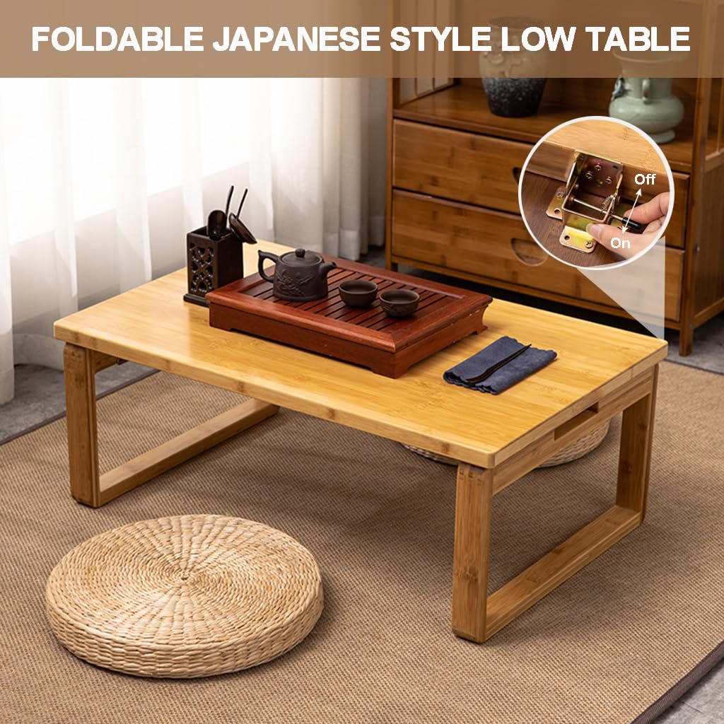 Portable Rectangle Foldable Coffee Table Japanese Tea Table, Bamboo Low Table for Sitting on The Floor, Dining Table, Tatami Table for Living Room Bedroom Meditation (Size:27.6*19.7*12.2in)