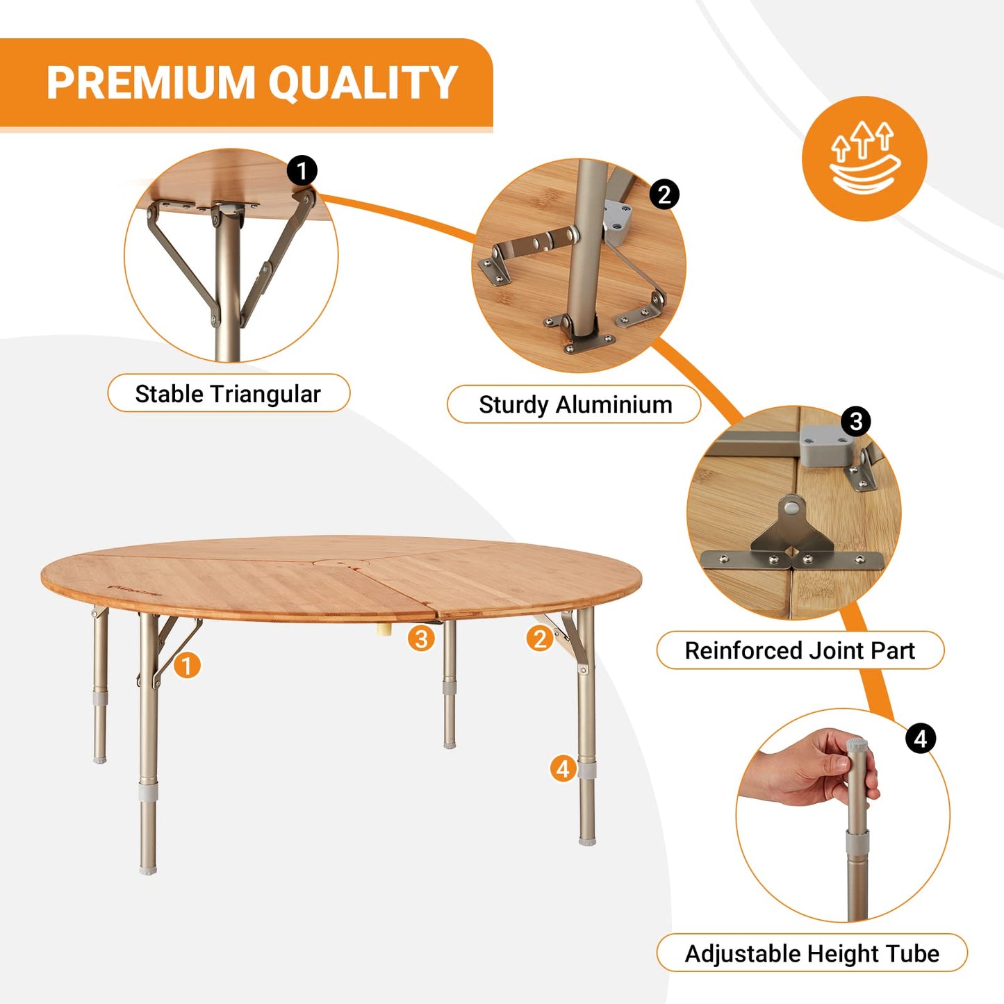 KingCamp Bamboo Round Folding Table Camping Table for Teepee Bell Tent 3 Fold Portable Camp Table