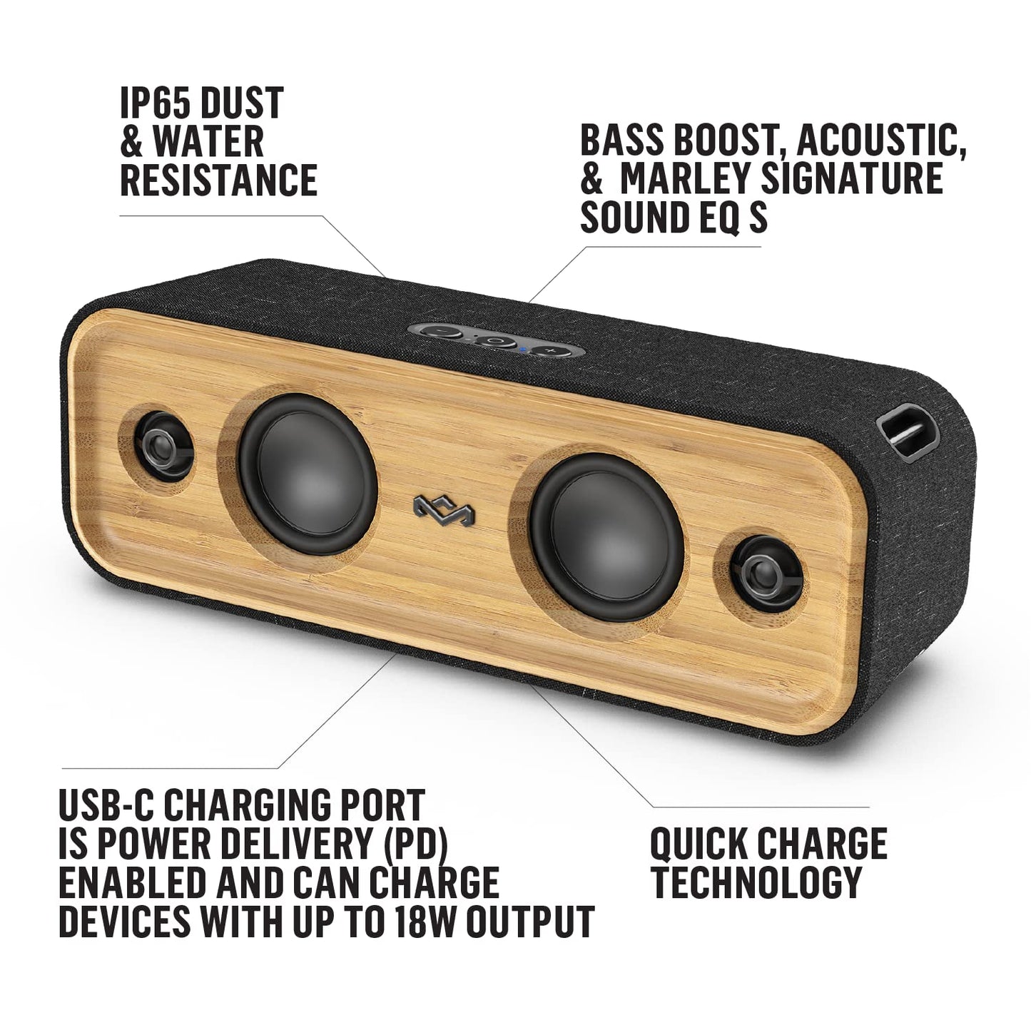 House of Marley Get Together 2: Portable Speaker with Wireless Bluetooth Connectivity, 20 Hours of Playtime and Sustainable Materials, IP65 Dust and Water Resistance, Signature Black