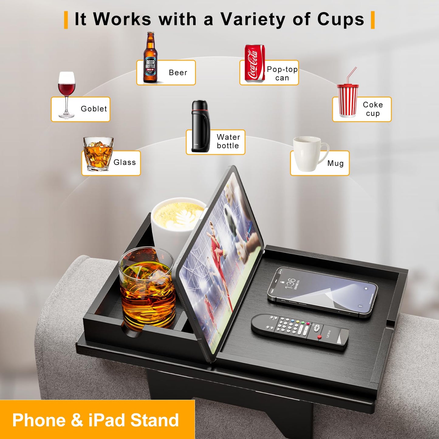 Bamboo Couch Cup Holder - Sofa Clip on Side Table for Wide Couches Arm - 2 in 1 Couch Arm Table with Slide-Away Detachable Cup Holder Tray - Couch Arm Tray for Drinking Snacks iPad TV Remote