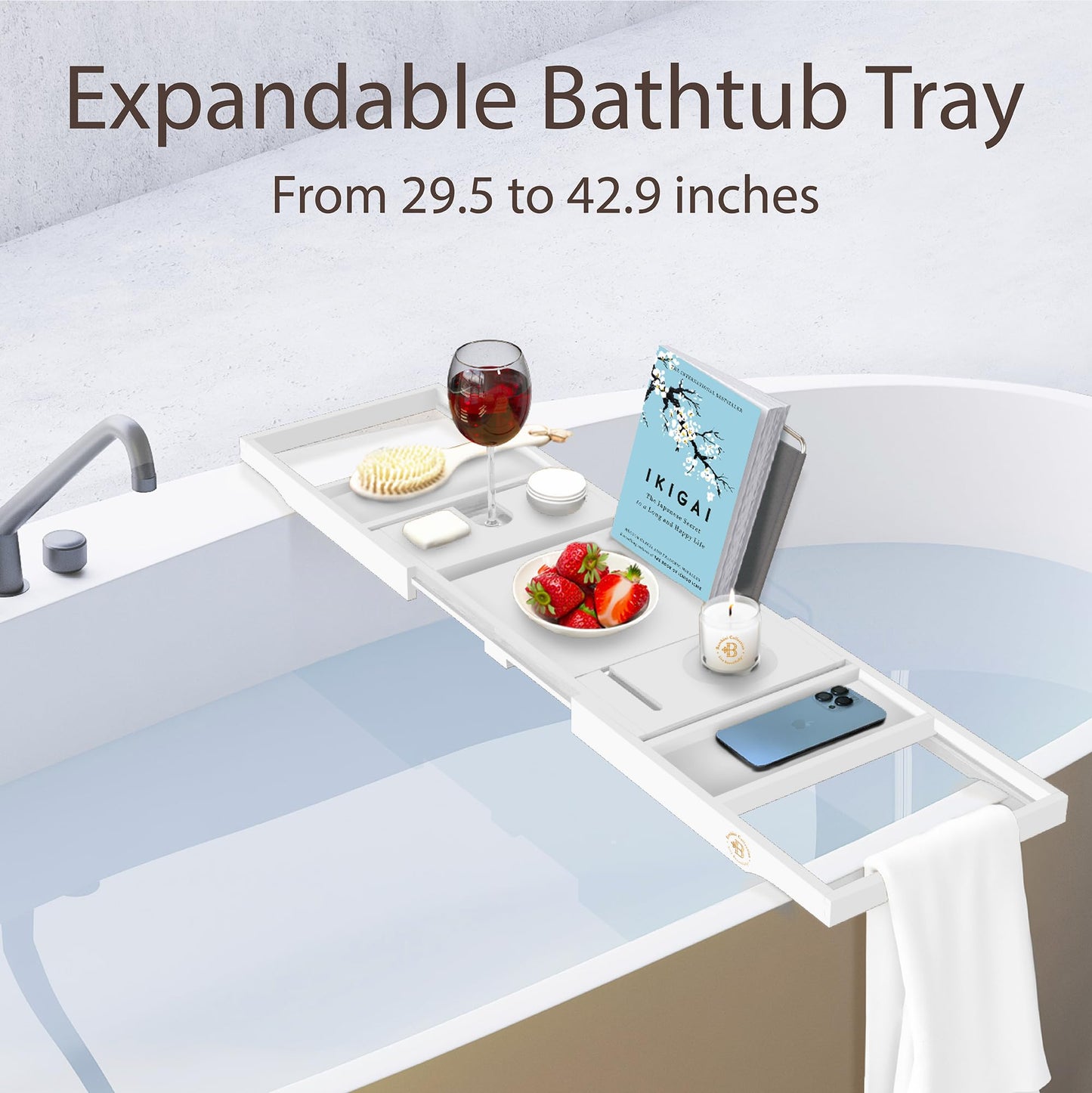 Bamboo Bathtub Tray for Tub - Expandable Bath Tray with Wine, Book & Tablet Holder