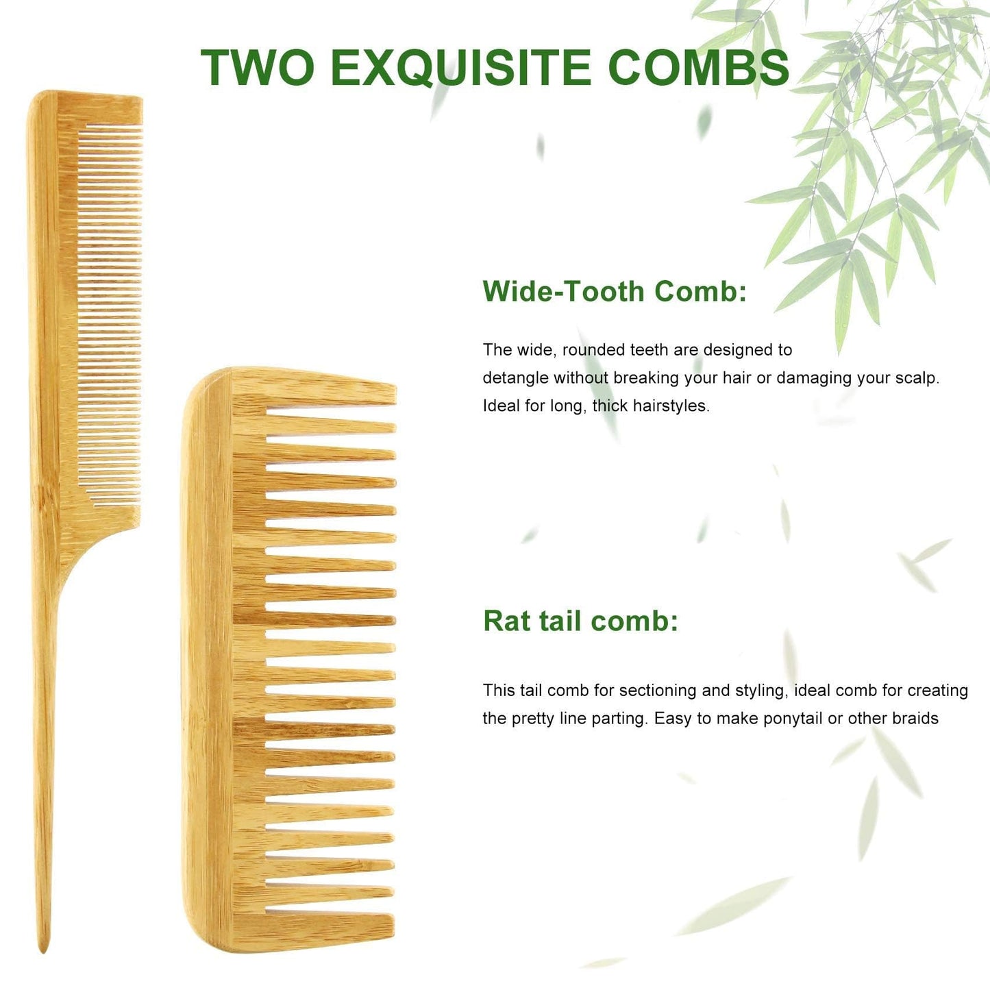 MRD Hair Brush Set, Natural Bamboo Comb Paddle Detangling Hairbrush, Wide-tooth and tail comb No Bristle