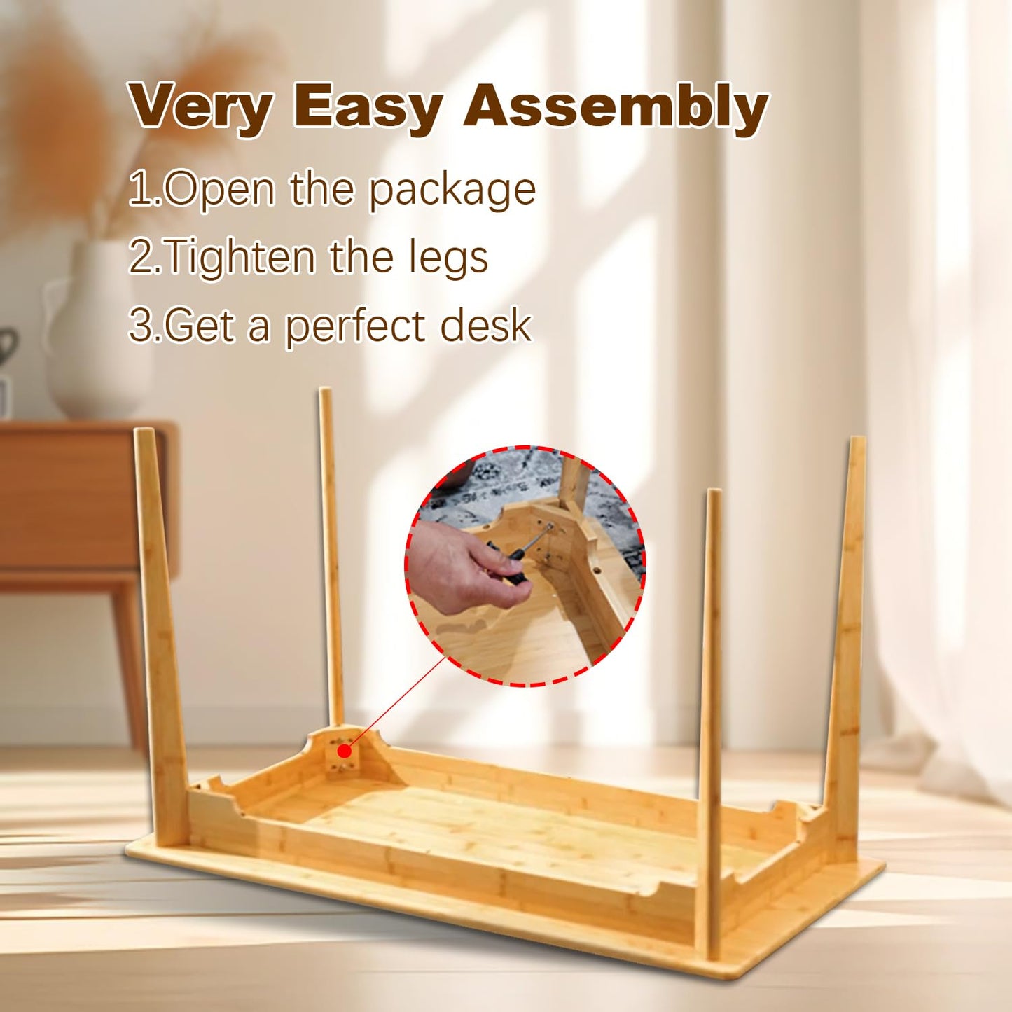 DOUSY- Small Bamboo Computer Desk Study Desk Home Office Desk Writing Table, Modern Study 27.5" Solid Multipurpose Table, for Living Room, Bedroom, Make Up, Natual Color