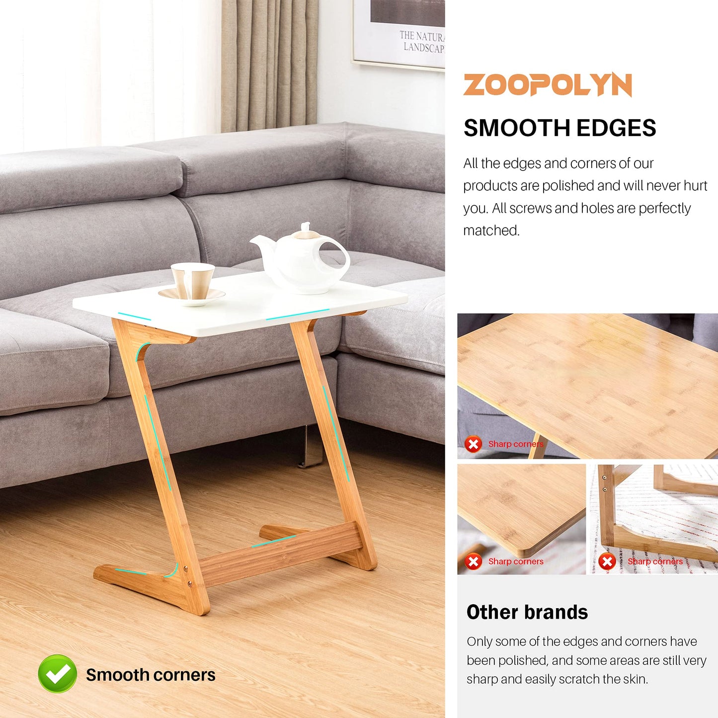 Zoopolyn Tv Tray Table Bamboo Tv Dinner Table C Shaped end Table for Sofa Couch Laptop Living Room Bedroom Natural