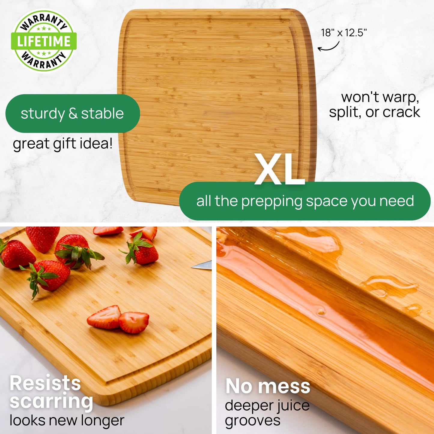 GREENER CHEF 18 Inch Extra Large Bamboo Cutting Board with Lifetime Replacements - Wood XL Cutting Boards for Kitchen