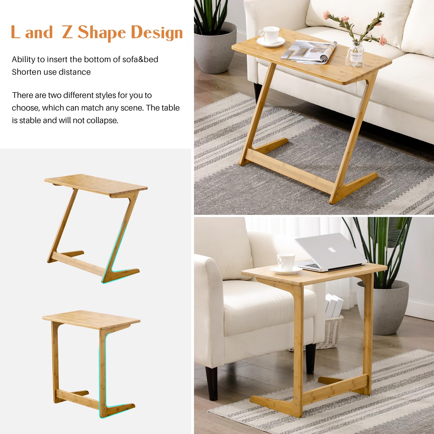 Zoopolyn Tv Tray Table Bamboo Tv Dinner Table C Shaped end Table for Sofa Couch Laptop Living Room Bedroom Natural