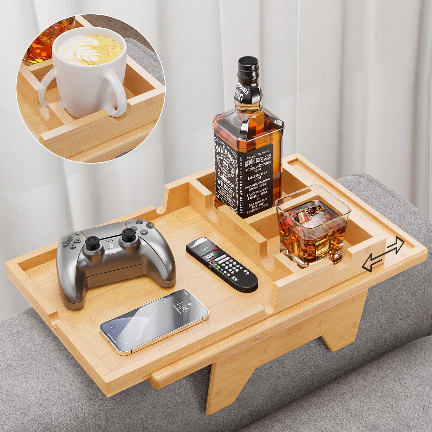 Bamboo Couch Cup Holder - Sofa Clip on Side Table for Wide Couches Arm - 2 in 1 Couch Arm Table with Slide-Away Detachable Cup Holder Tray - Couch Arm Tray for Drinking Snacks iPad TV Remote