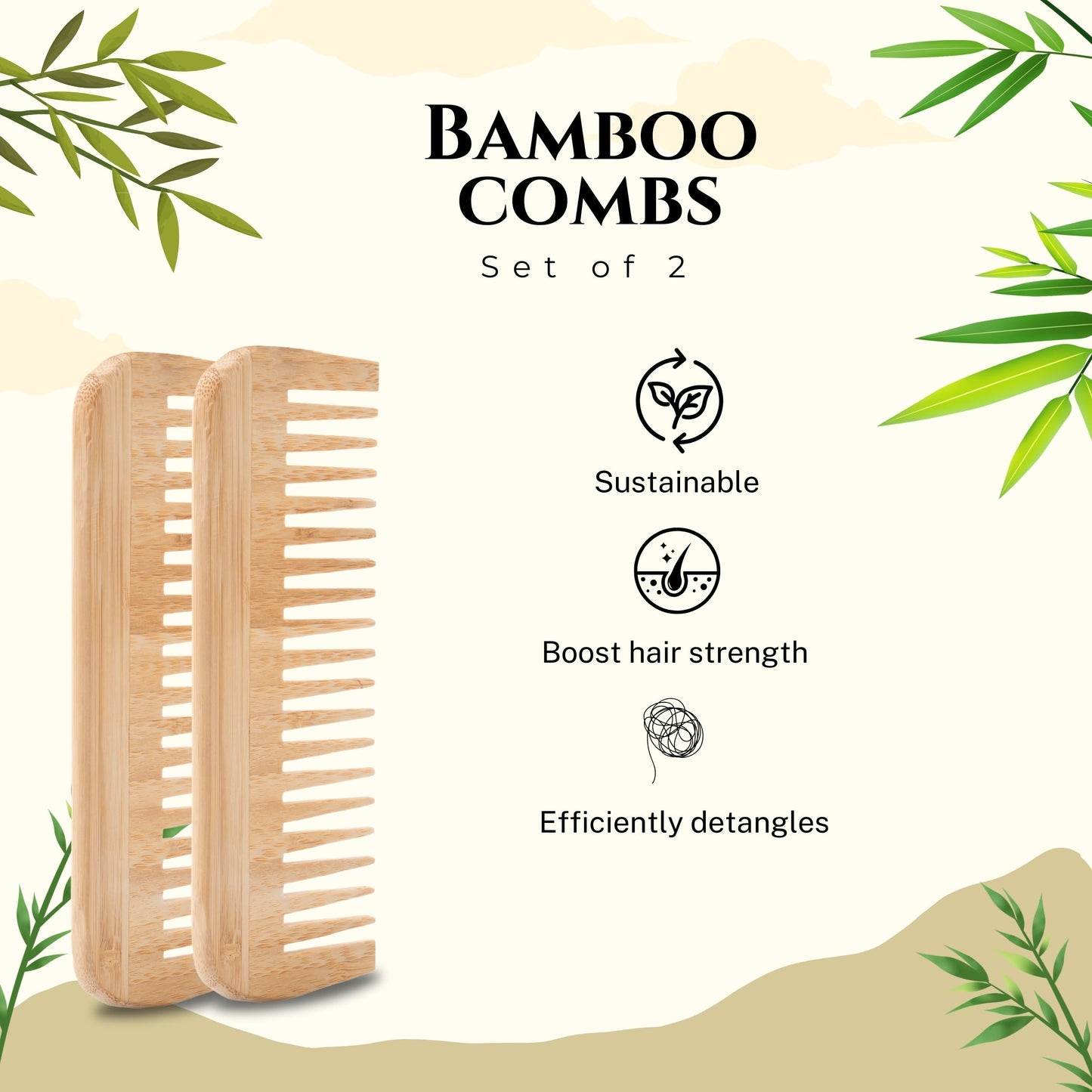 N12 products set of 2 bamboo comb handmade Eco-friendly Bamboo wood Wide tooth comb anti-static anti-frizz hair