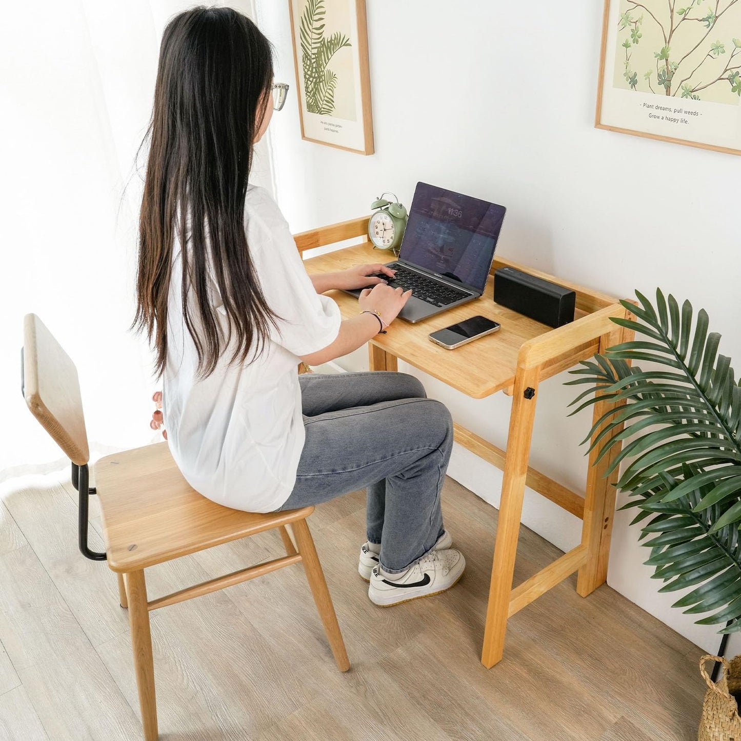 Computer Desk, Foldable Desk, Home Office Desks, Solid Wood Writing Desk, Mid Century Modern Desks, Oak Study Table, Folding Desks for Small Spaces, 31.5 W x 27.6 H x 13.6 D Inches, Natural