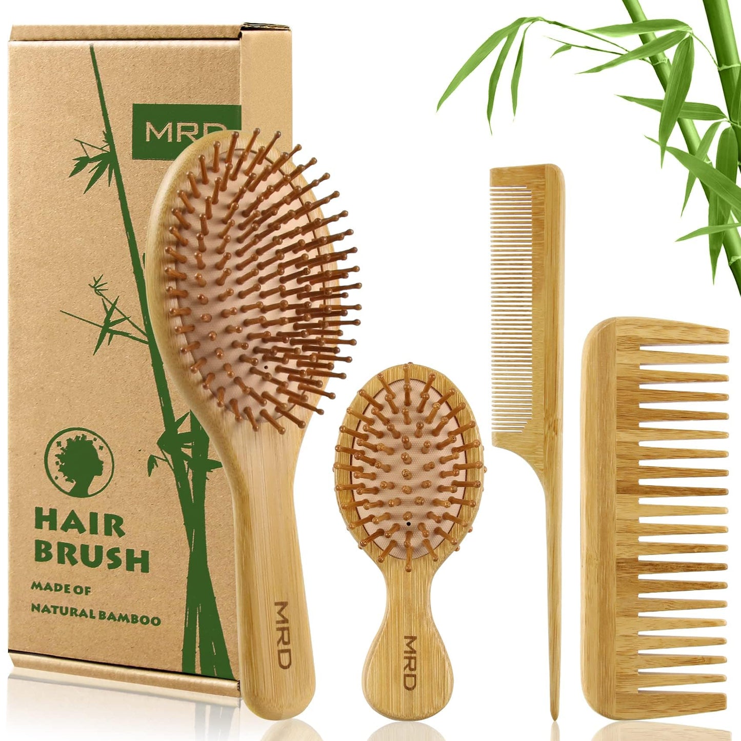 MRD Hair Brush Set, Natural Bamboo Comb Paddle Detangling Hairbrush, Wide-tooth and tail comb No Bristle