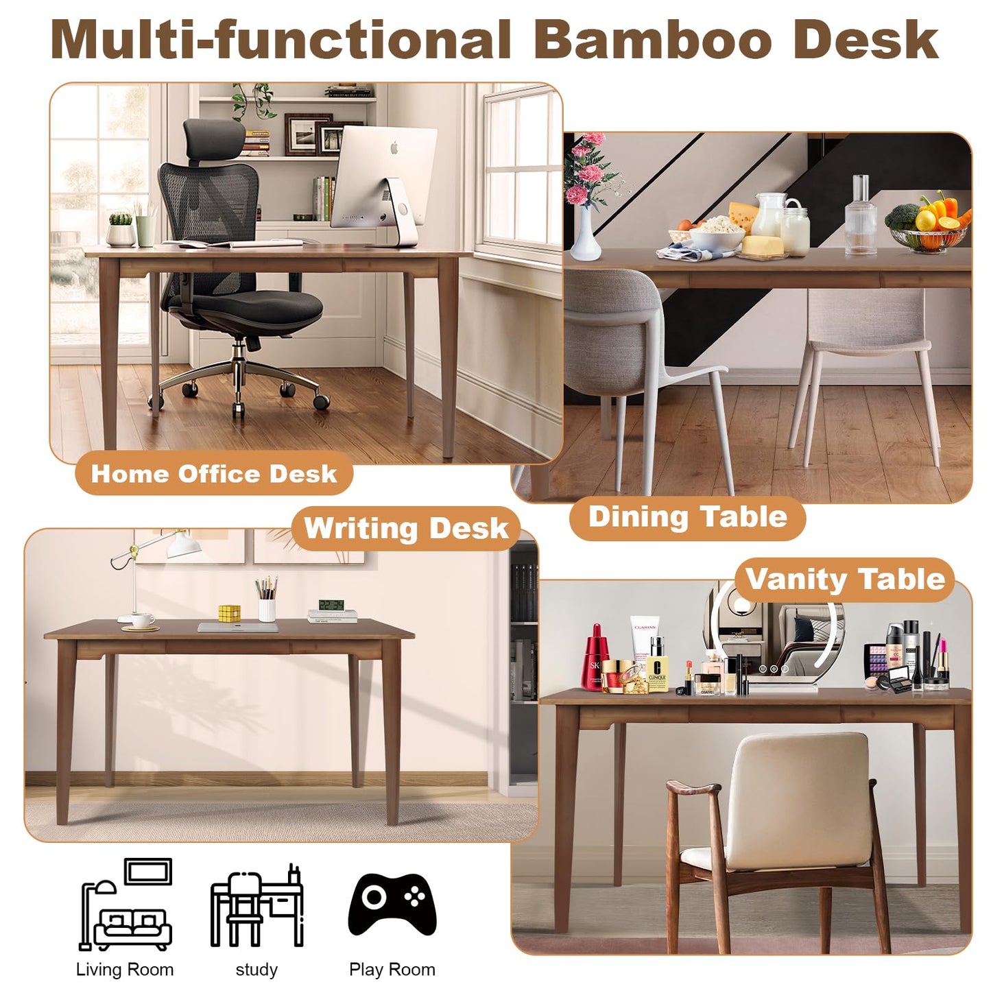 DOUSY- Small Bamboo Computer Desk Study Desk Home Office Desk Writing Table, Modern Study 27.5" Solid Multipurpose Table, for Living Room, Bedroom, Make Up, Natual Color