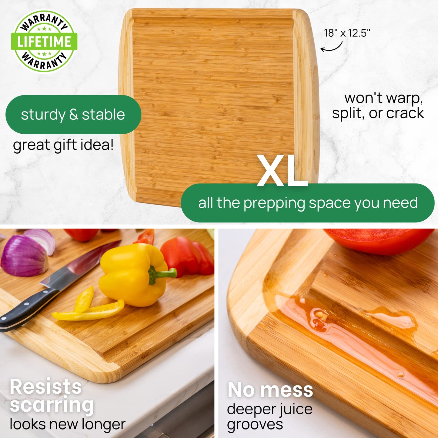 GREENER CHEF 18 Inch Extra Large Bamboo Cutting Board with Lifetime Replacements - Wood XL Cutting Boards for Kitchen