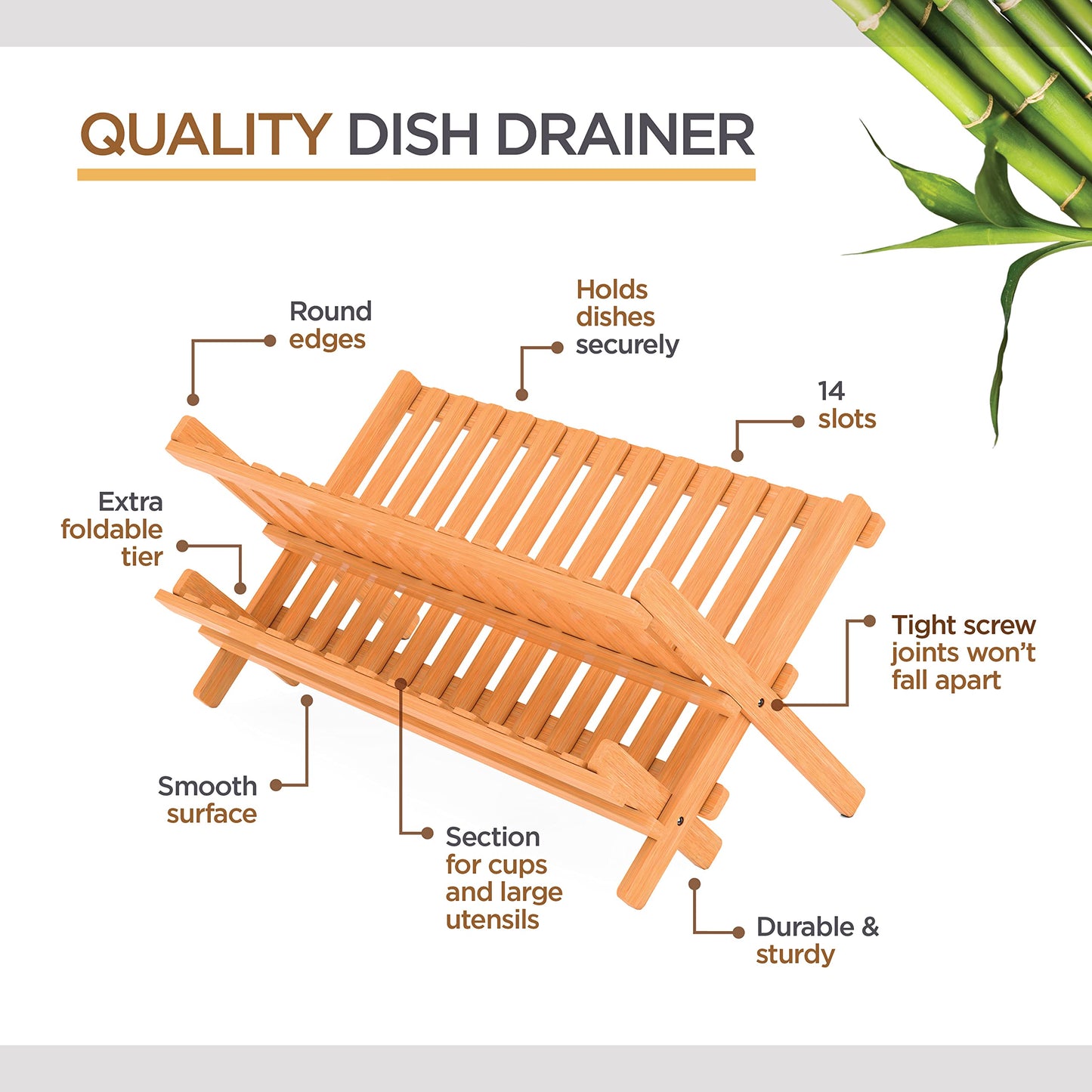 Bambüsi Bamboo Dish Drying Rack - Collapsible 2-Tier Dish Drainer Kitchen Plate Rack for Kitchen Countertop