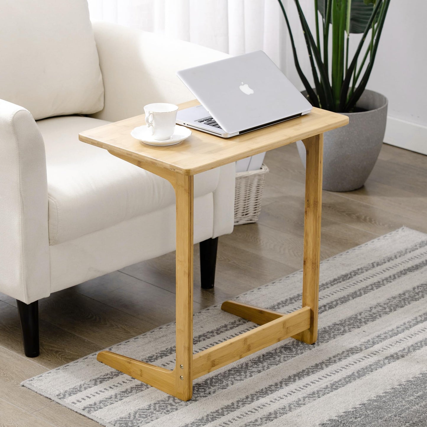 Zoopolyn Tv Tray Table Bamboo Tv Dinner Table C Shaped end Table for Sofa Couch Laptop Living Room Bedroom Natural