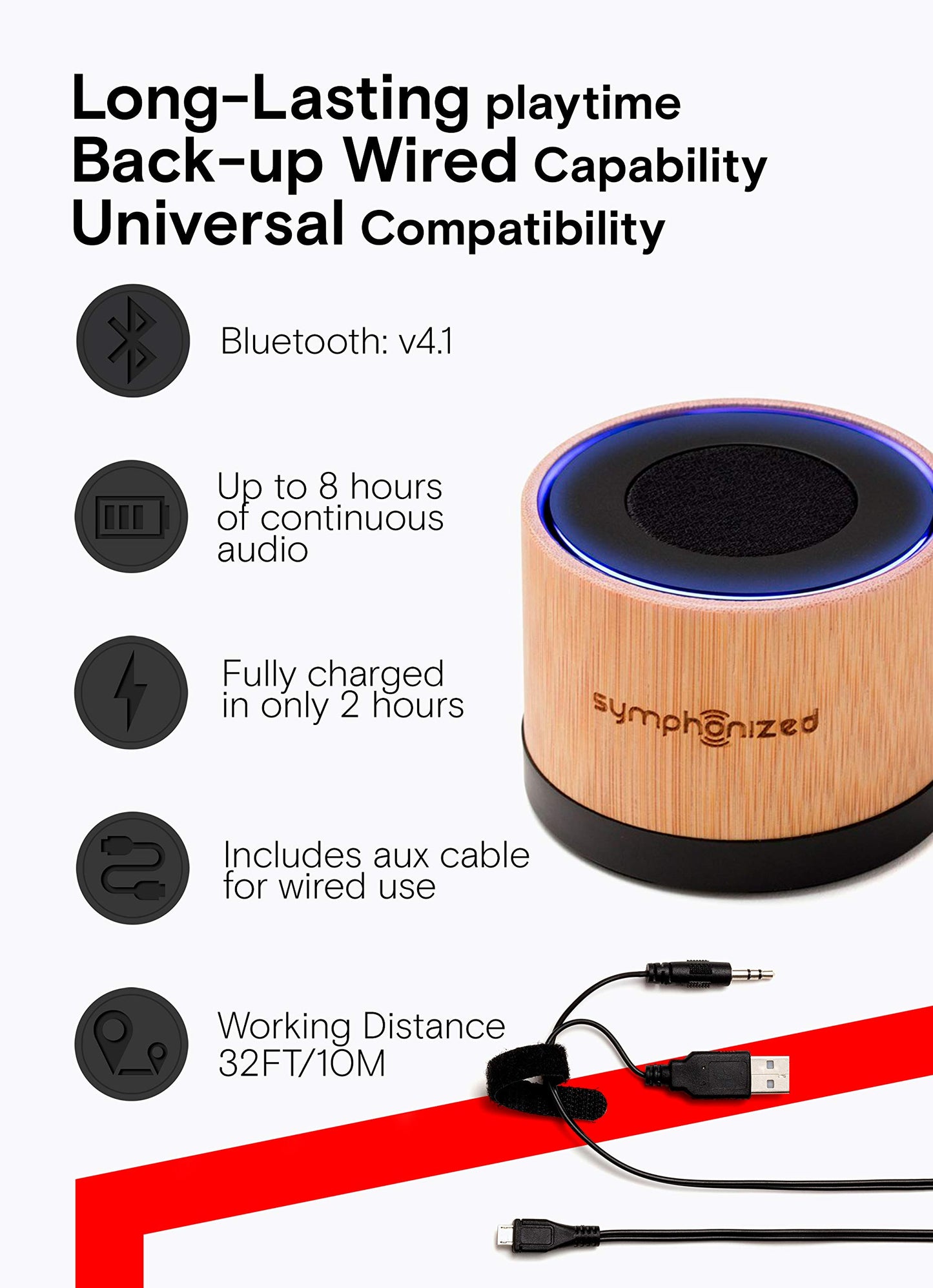 Symphonized NXT Premium Genuine One Piece Solid Hand Carved Bamboo Wood Bluetooth Portable Speaker