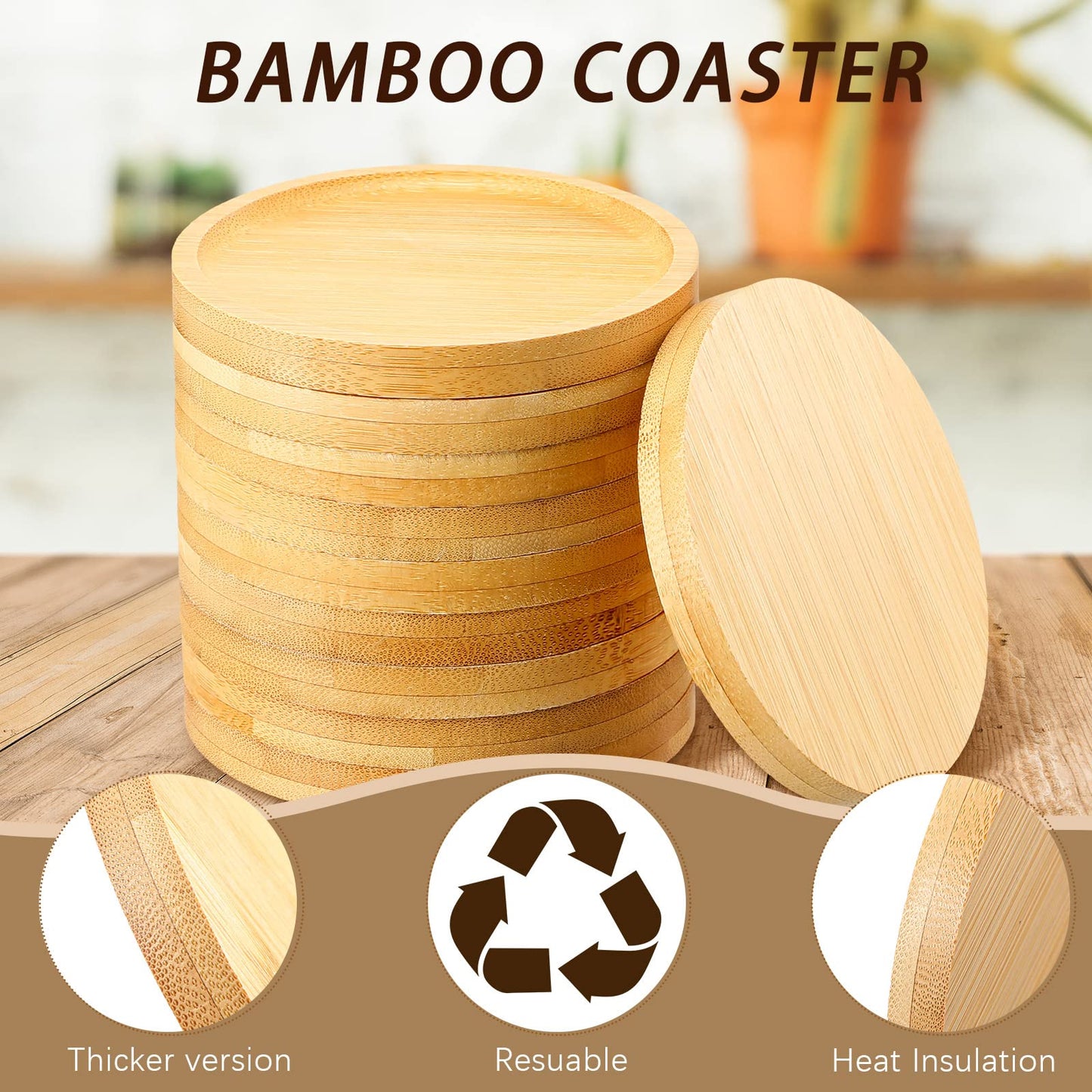 Patelai 10 Pcs Round Bamboo Coasters for Planters Small Plant Saucer 3.74 Inch Bamboo Planter Drink Saucer Trays