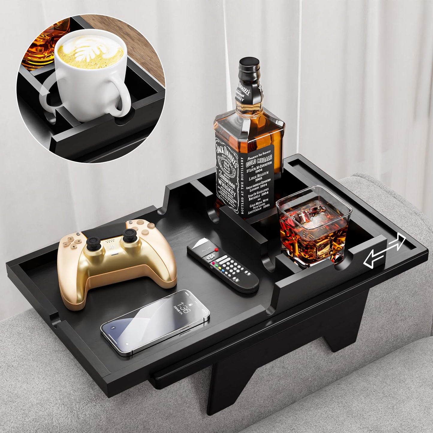 Bamboo Couch Cup Holder - Sofa Clip on Side Table for Wide Couches Arm - 2 in 1 Couch Arm Table with Slide-Away Detachable Cup Holder Tray - Couch Arm Tray for Drinking Snacks iPad TV Remote