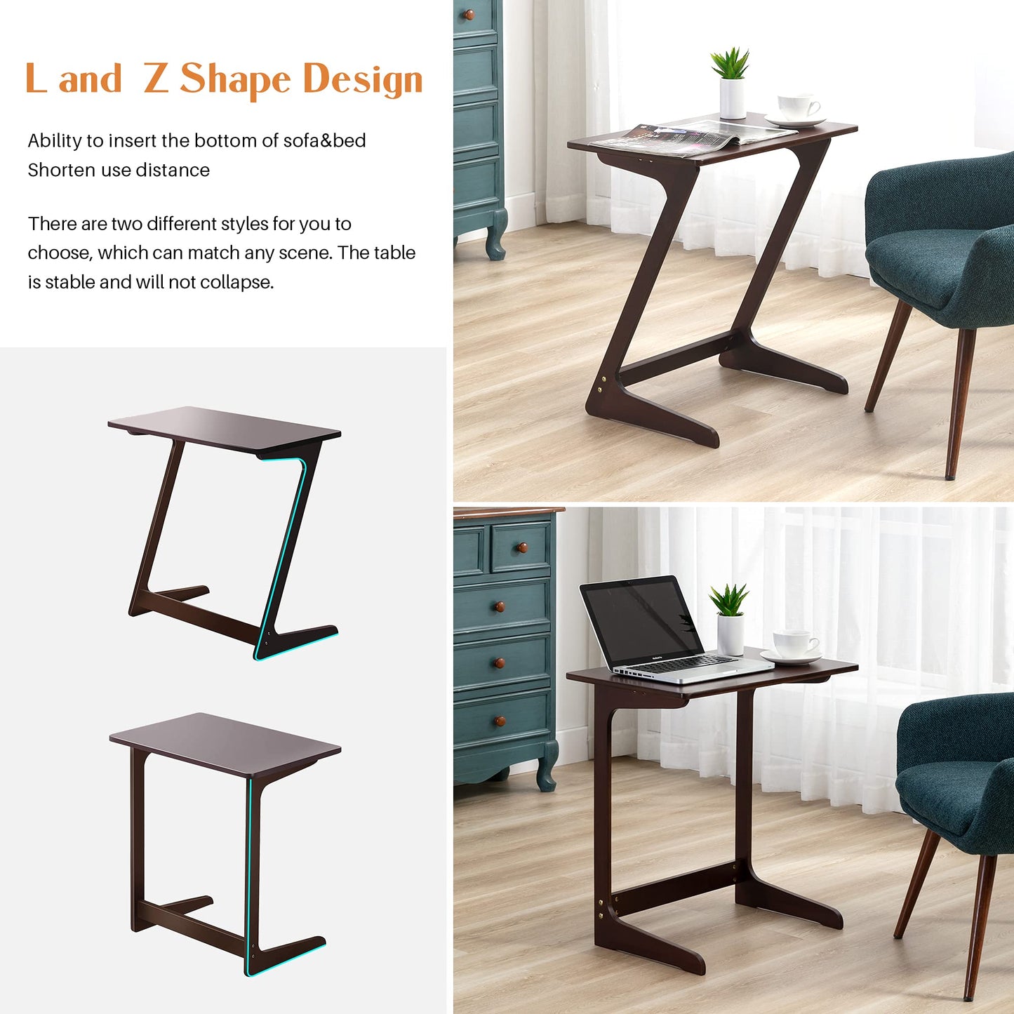 Zoopolyn Tv Tray Table Bamboo Tv Dinner Table C Shaped end Table for Sofa Couch Laptop Living Room Bedroom Natural