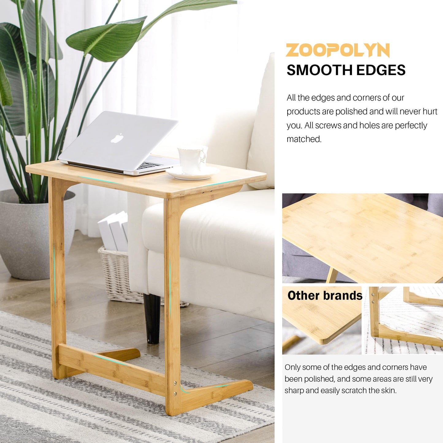 Zoopolyn Tv Tray Table Bamboo Tv Dinner Table C Shaped end Table for Sofa Couch Laptop Living Room Bedroom Natural