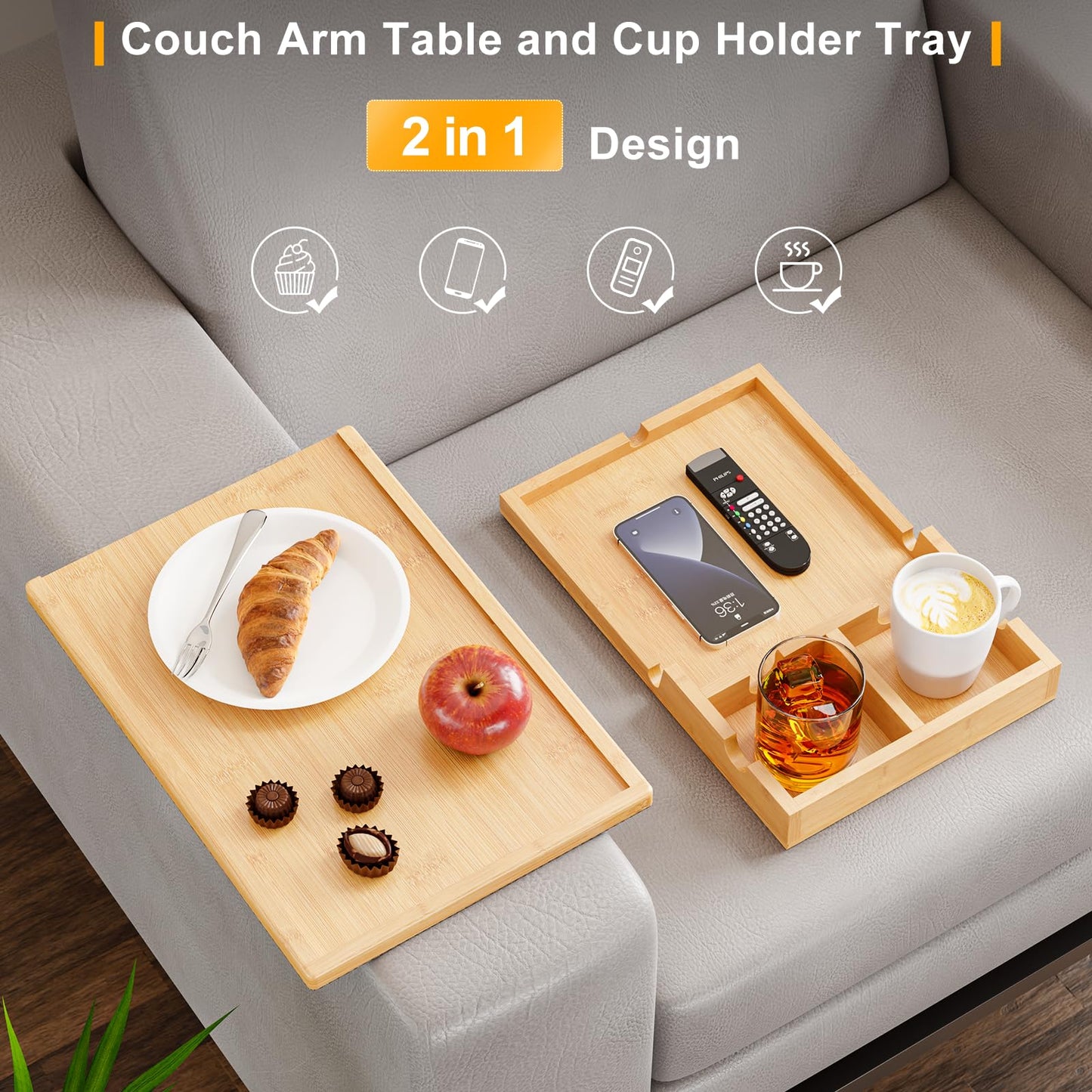 Bamboo Couch Cup Holder - Sofa Clip on Side Table for Wide Couches Arm - 2 in 1 Couch Arm Table with Slide-Away Detachable Cup Holder Tray - Couch Arm Tray for Drinking Snacks iPad TV Remote