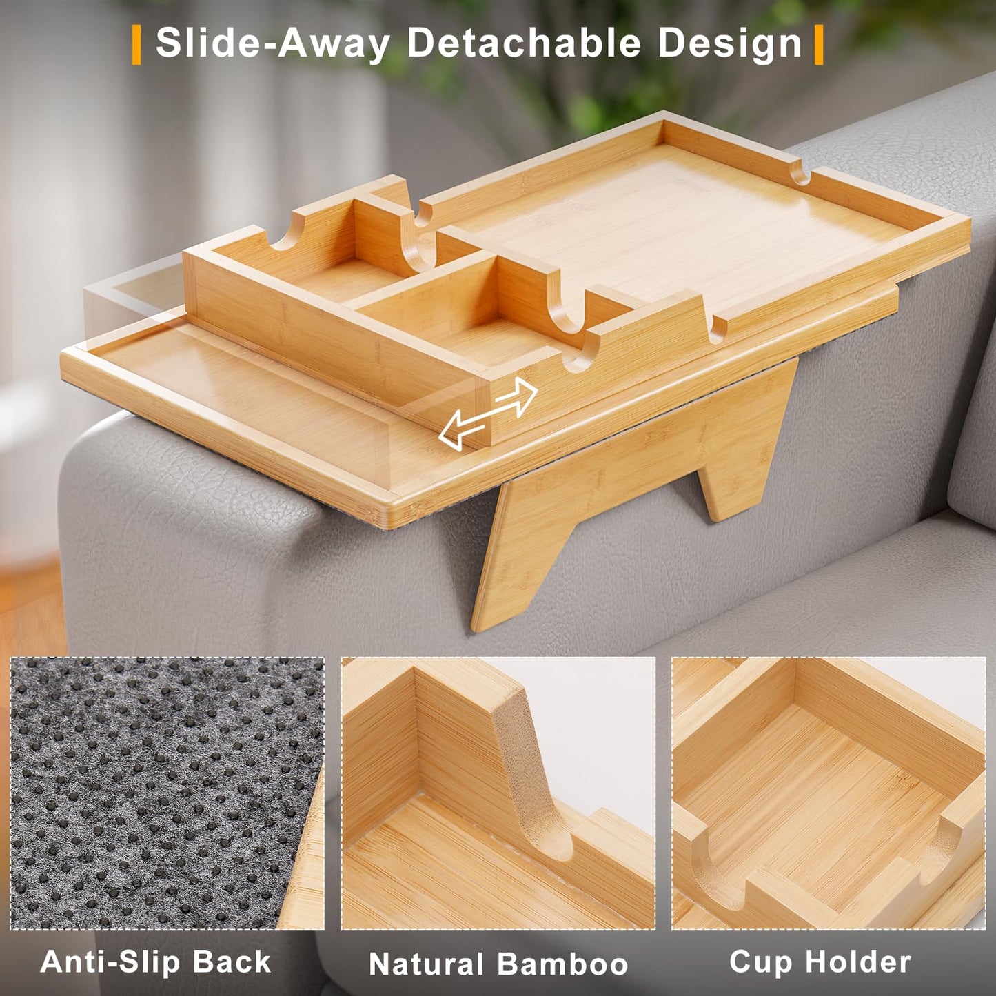 Bamboo Couch Cup Holder - Sofa Clip on Side Table for Wide Couches Arm - 2 in 1 Couch Arm Table with Slide-Away Detachable Cup Holder Tray - Couch Arm Tray for Drinking Snacks iPad TV Remote