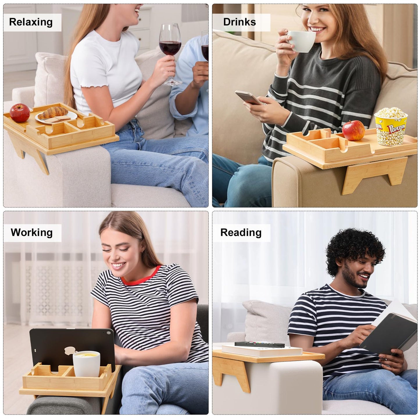 Bamboo Couch Cup Holder - Sofa Clip on Side Table for Wide Couches Arm - 2 in 1 Couch Arm Table with Slide-Away Detachable Cup Holder Tray - Couch Arm Tray for Drinking Snacks iPad TV Remote