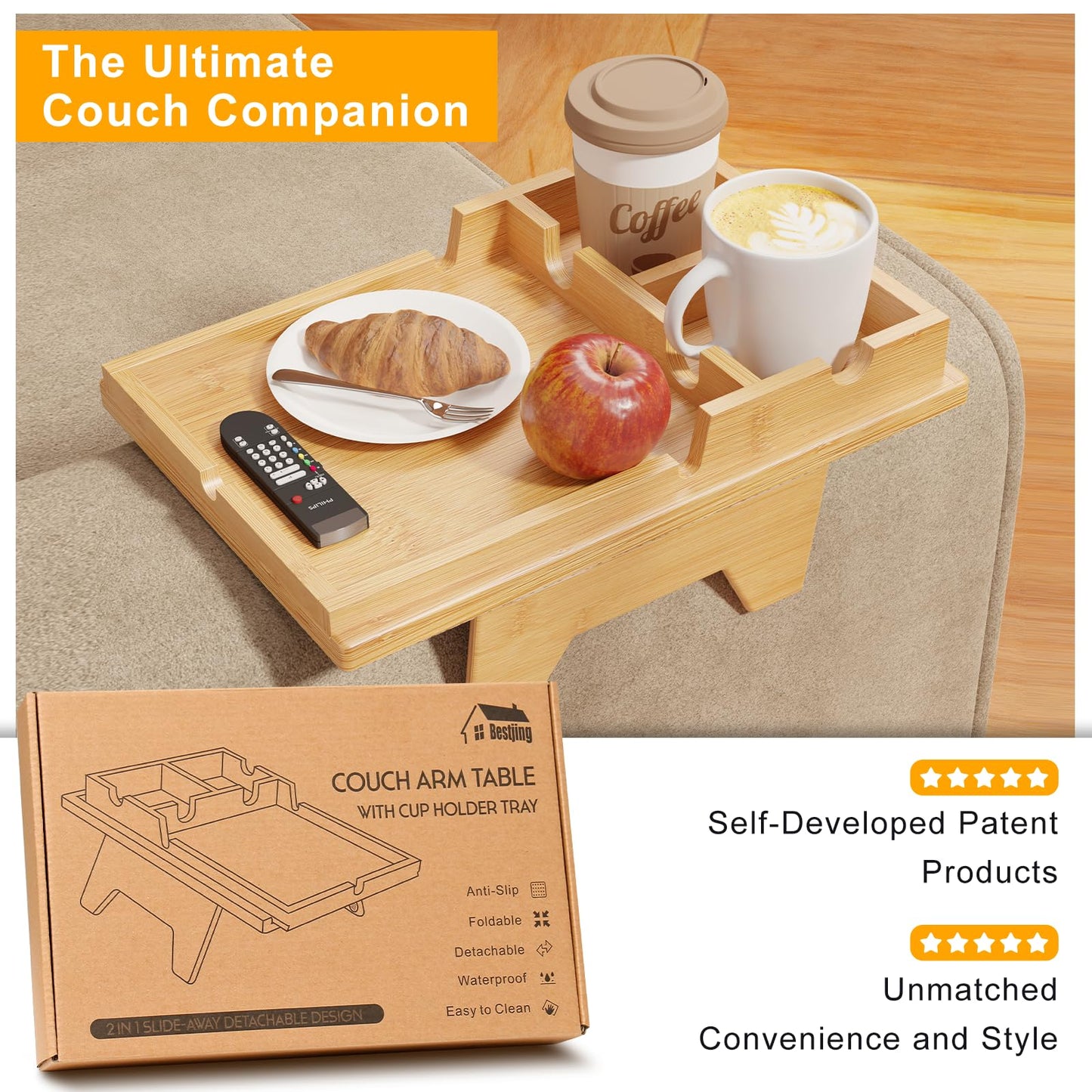 Bamboo Couch Cup Holder - Sofa Clip on Side Table for Wide Couches Arm - 2 in 1 Couch Arm Table with Slide-Away Detachable Cup Holder Tray - Couch Arm Tray for Drinking Snacks iPad TV Remote