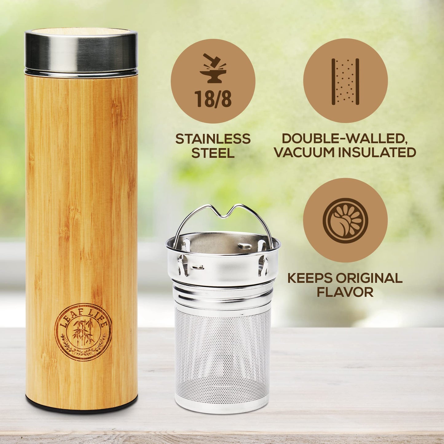 LeafLife Premium Bamboo Tea Bottle for Loose Tea - Tea Infuser Bottle - Tea Gifts - Insulated Water Bottle/Coffee Tumbler/Tea Thermos