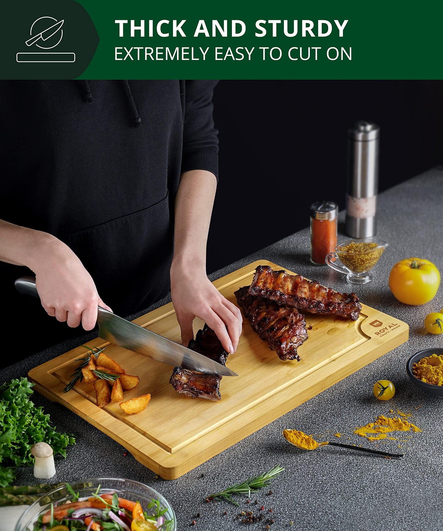 Wooden Cutting Boards for Kitchen Meal Prep & Serving - Bamboo Wood Cutting Board Set - Charcuterie & Chopping Butcher Block for Meat